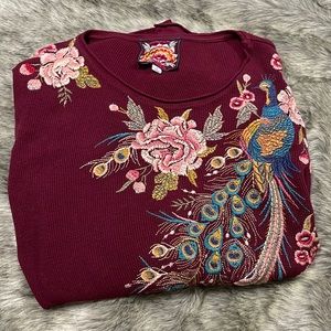 Johnny Was Maroon Sweater with peacock embroidery